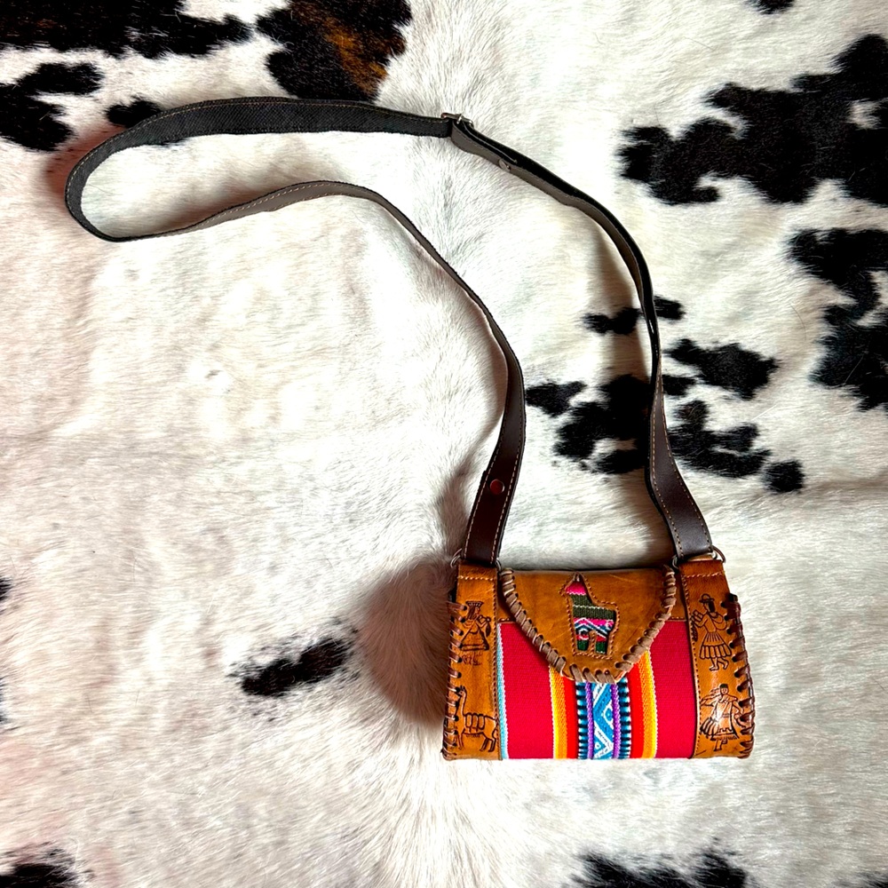 Handmade Leather and Textile Colorful Women's Mini Shoulder Bag from Peru